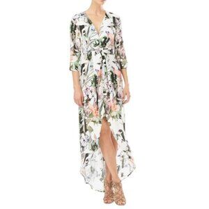Johanne Beck Dress Floral Print V Neck Button Down Hi Lo Maxi